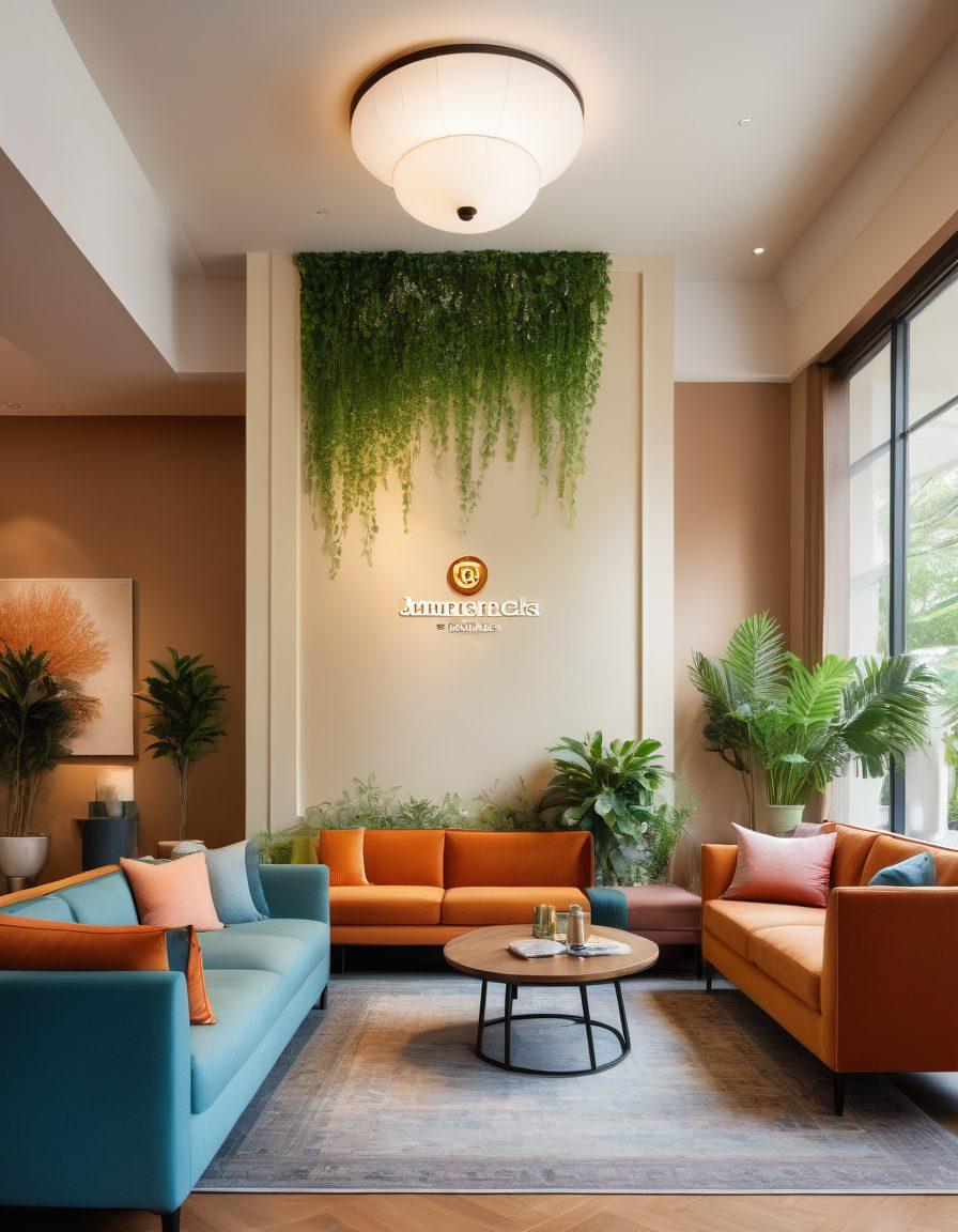 A serene hotel lobby showcasing diverse guests smiling, with an attentive staff member welcoming them. Incorporate elements of insurance symbols subtly in the decor, such as a shield and umbrella motifs on the walls, surrounded by lush plants. The ambiance should evoke safety and warmth, with natural light streaming through large windows. Illustrate a cozy seating area with coffee tables and brochures about insurance policies strategically placed. super-realistic. vibrant colors. warm tones.
