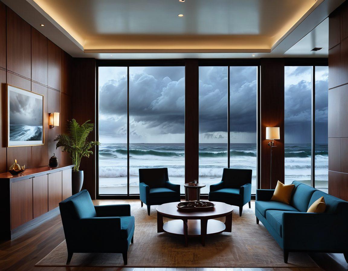 A serene hotel lobby with large windows overlooking a stormy sea, symbolizing unforeseen events. A hotel manager confidently reviewing a risk management plan, surrounded by visuals of safety precautions like security cameras and first aid kits. Incorporate a warm ambiance with soft lighting and elegant decor, conveying professionalism and preparedness. Emphasize contrast between the calm interior and turbulent weather outside. super-realistic. vibrant colors. 3D.