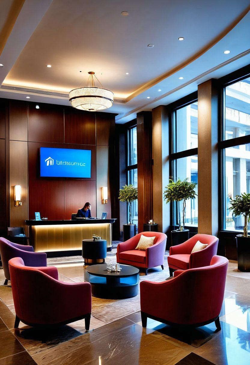 A luxurious hotel lobby showcasing a busy check-in area with attentive staff, guests with luggage, and a safety presentation on a digital screen. The ambiance should include elegant furnishings and warm lighting, highlighting both the comfort and safety of hotel stays. Incorporate icons representing insurance – like shields and documents – subtly around the scene. super-realistic. vibrant colors. 3D.